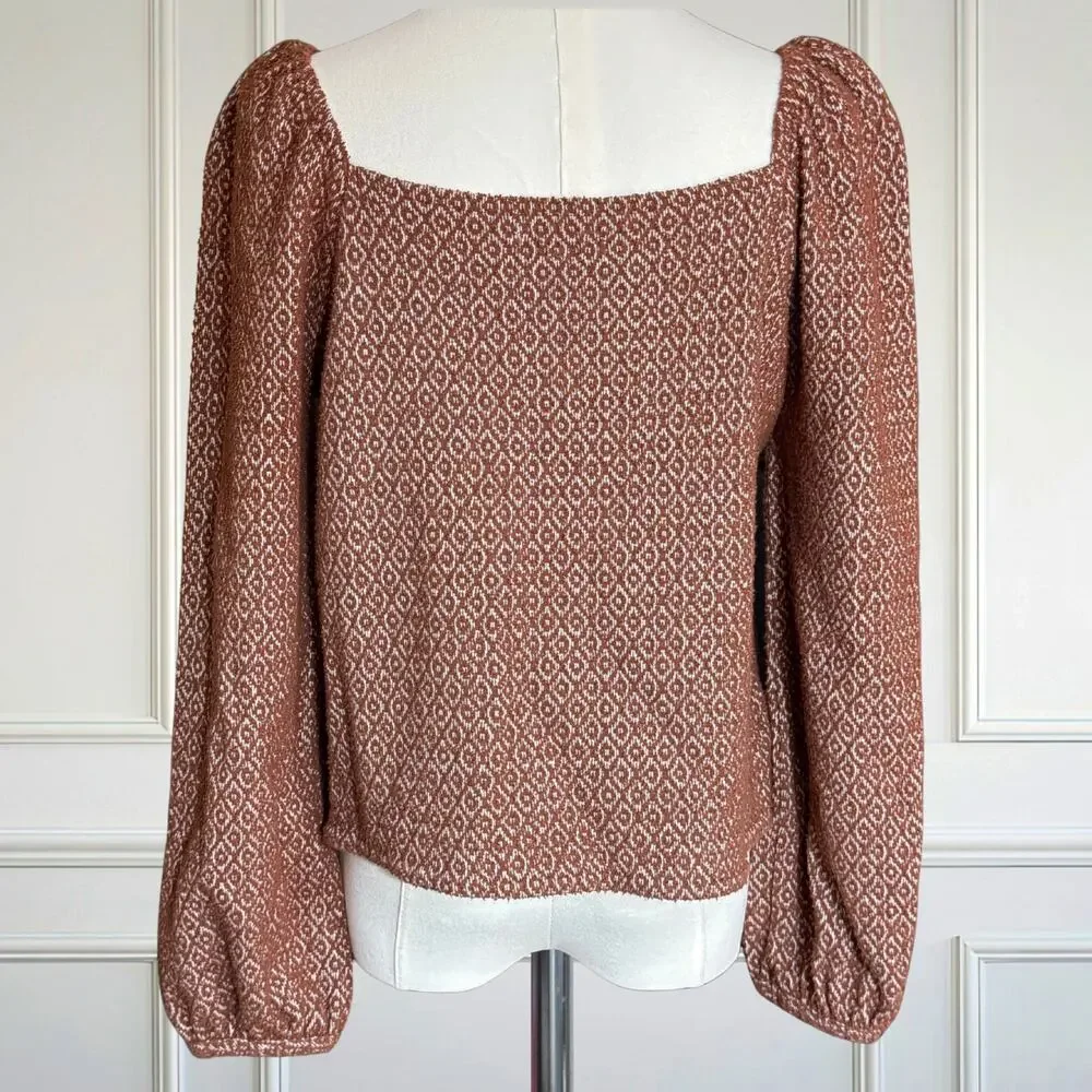 Madewell Jacquard Puff Sleeve Square Neck Long Balloon Sleeve Top Brown Small